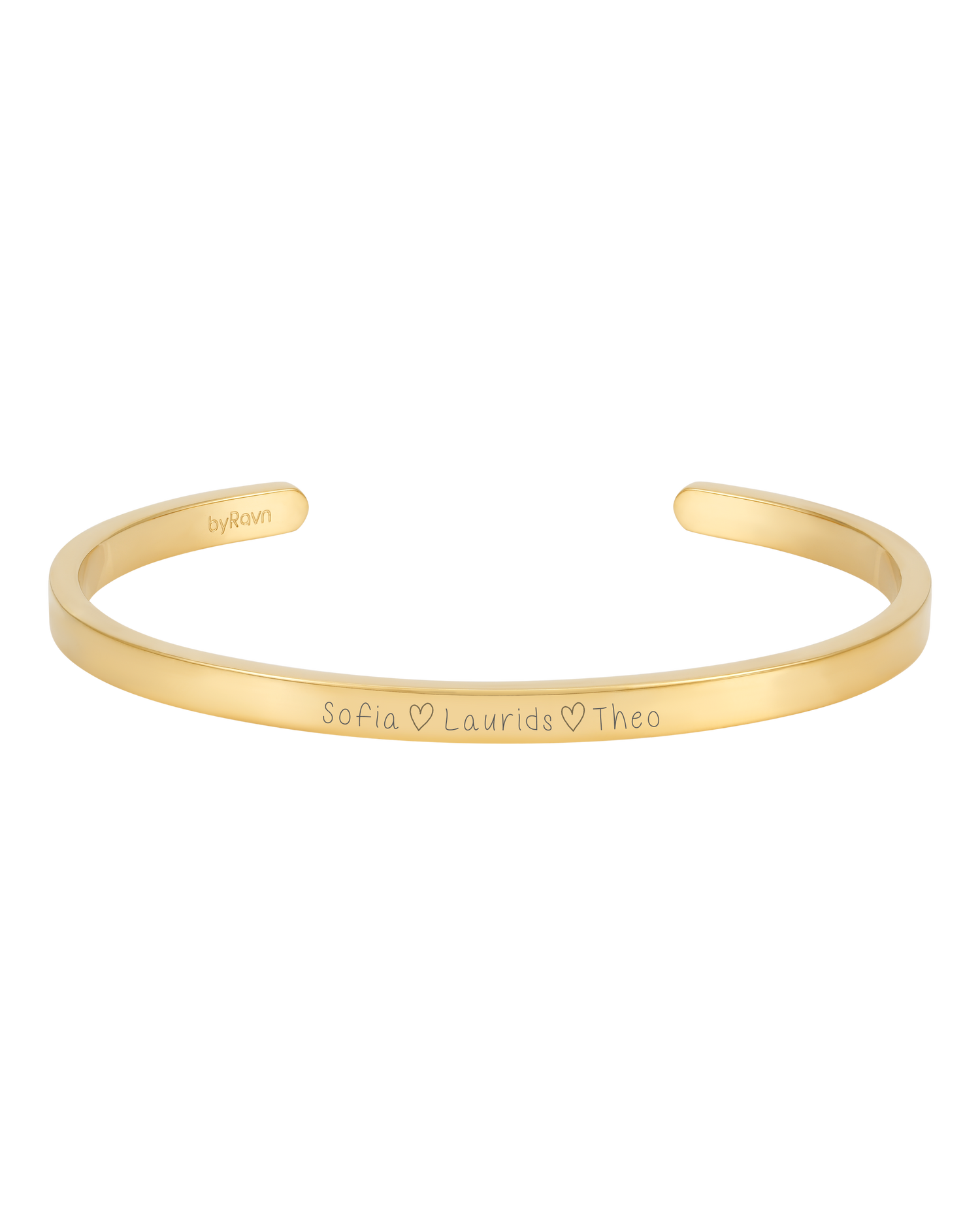 Armbånd med indgravering – VENUS armbånd i guldbelagt stål med personlig gravering "Sofia ♡ Laurids ♡ Theo" i håndskrift