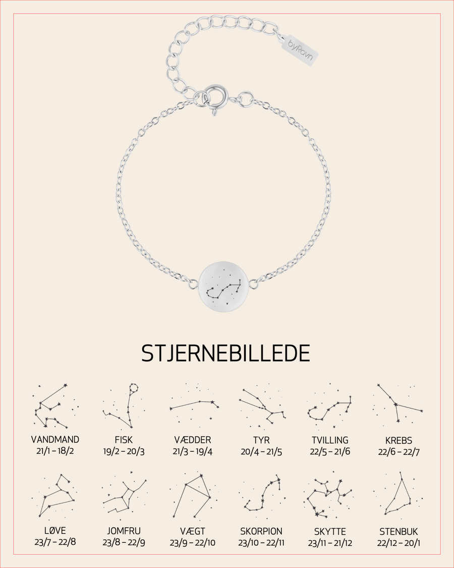 IBI STAR armbånd i sølvfarget rustfritt stål med gravert stjernebilde, vist med oversikt over alle 12 stjernebilder