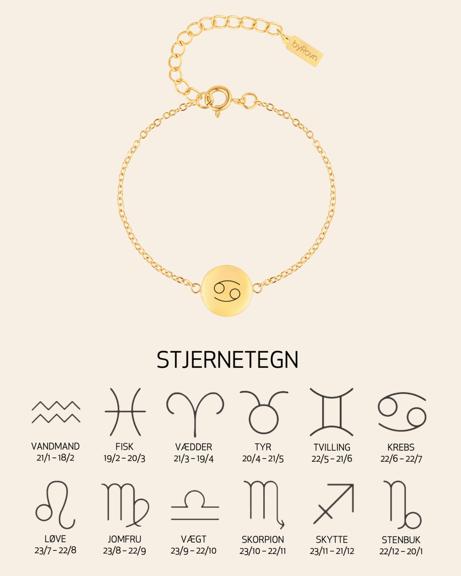 IBI STAR armbånd i gullbelagt stål med stjernetegnet Krepsen gravert, vist med oversikt over alle 12 stjernetegn