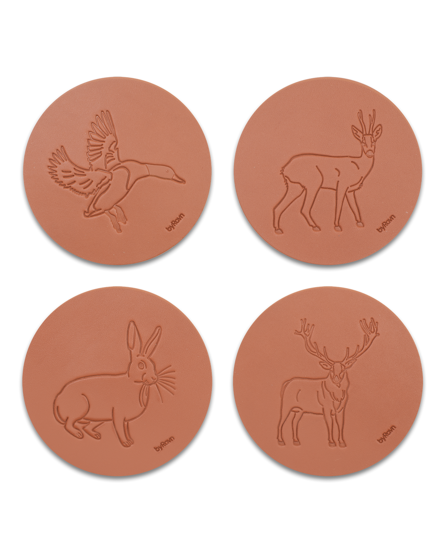 MOKKA jakt-glassbrikker fra byRavn i cognac skinn, pakke A med 4 motiver: stokkand, råbukk, hare og kronhjort