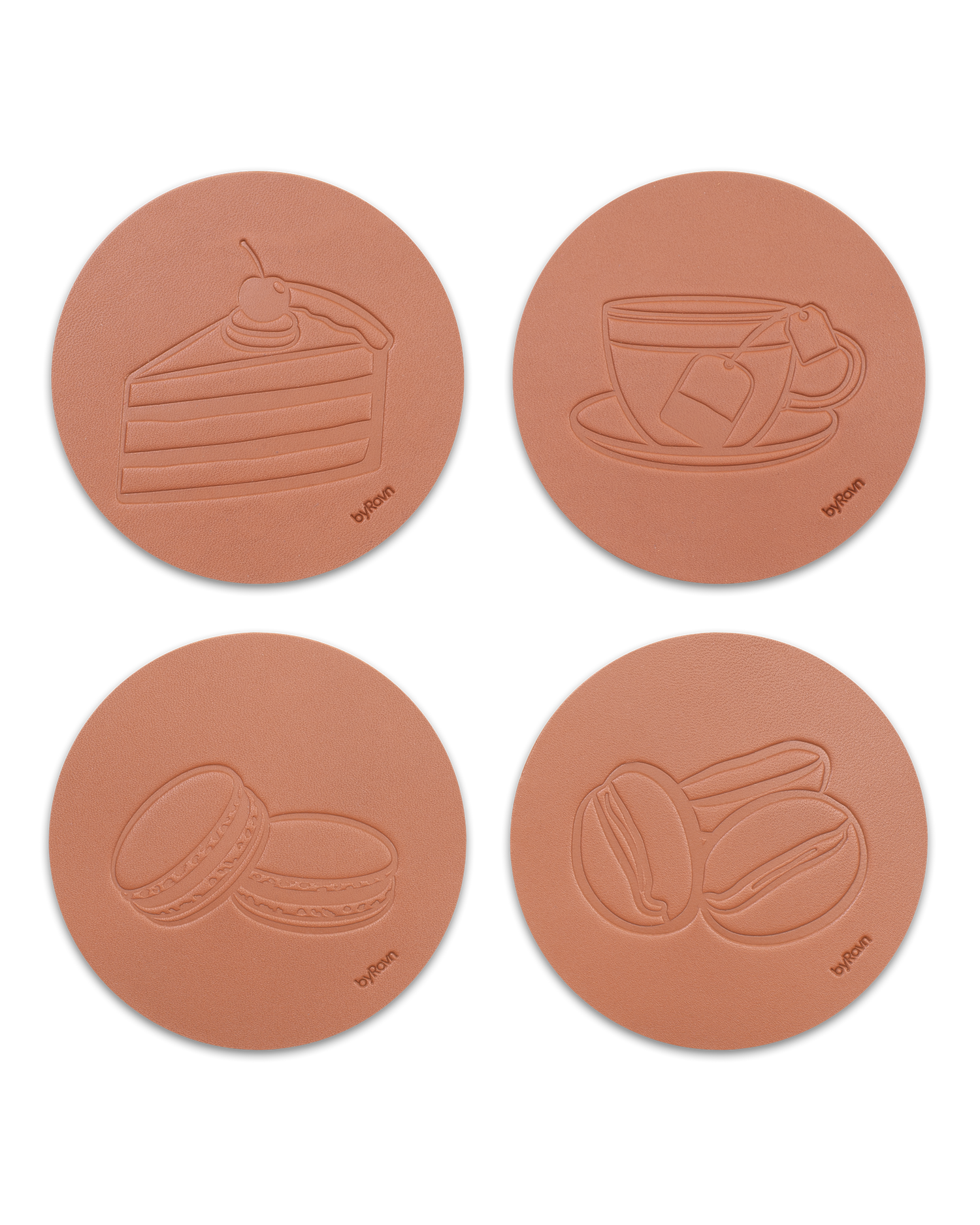 MOKKA kaffe & kake-glassbrikker fra byRavn i cognac skinn, 4 motiver: bløtkake, tekopp, macarons og kaffebønner