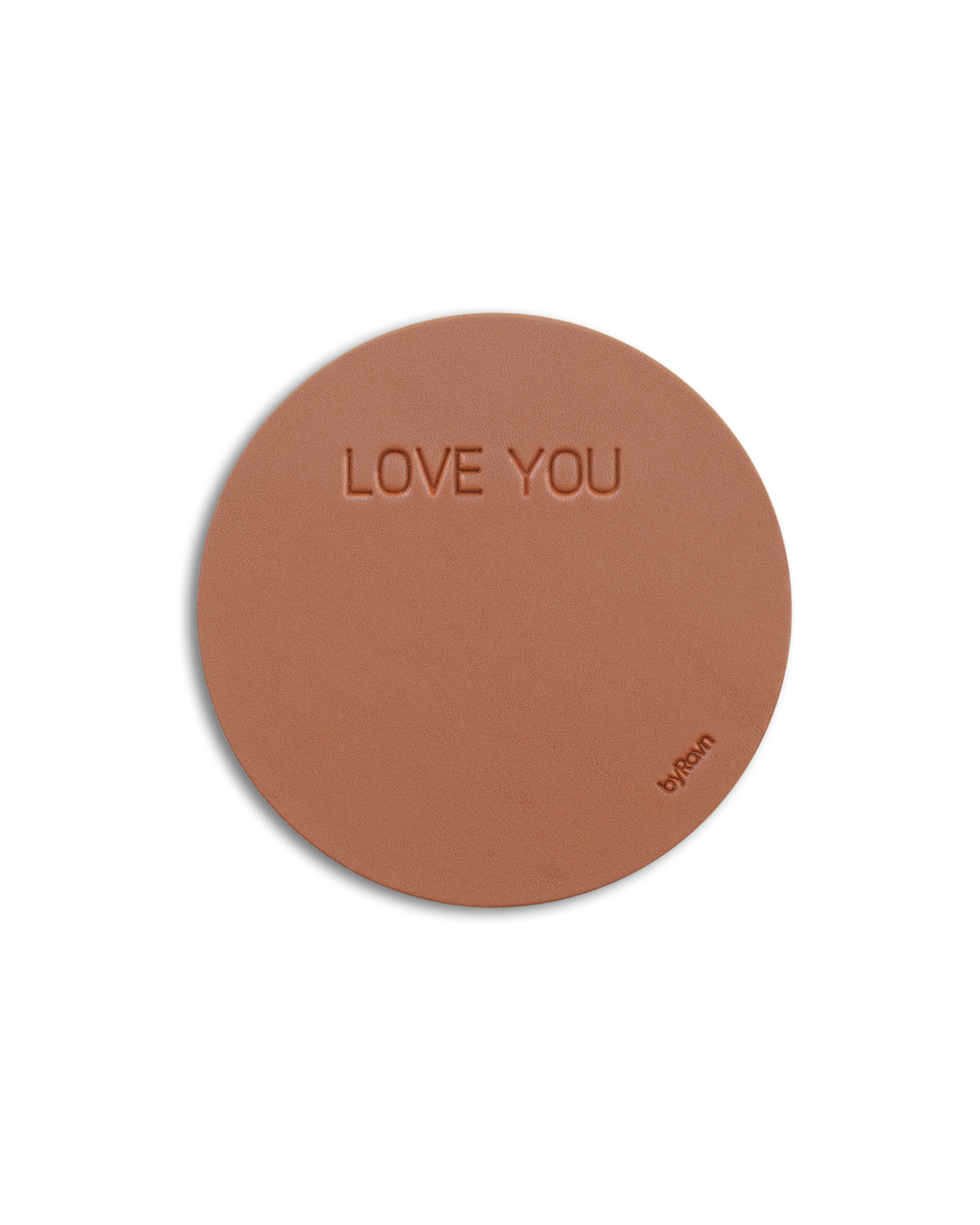 MOKKA rund glassbrikke fra byRavn i cognac skinn med graveringen "Love you"