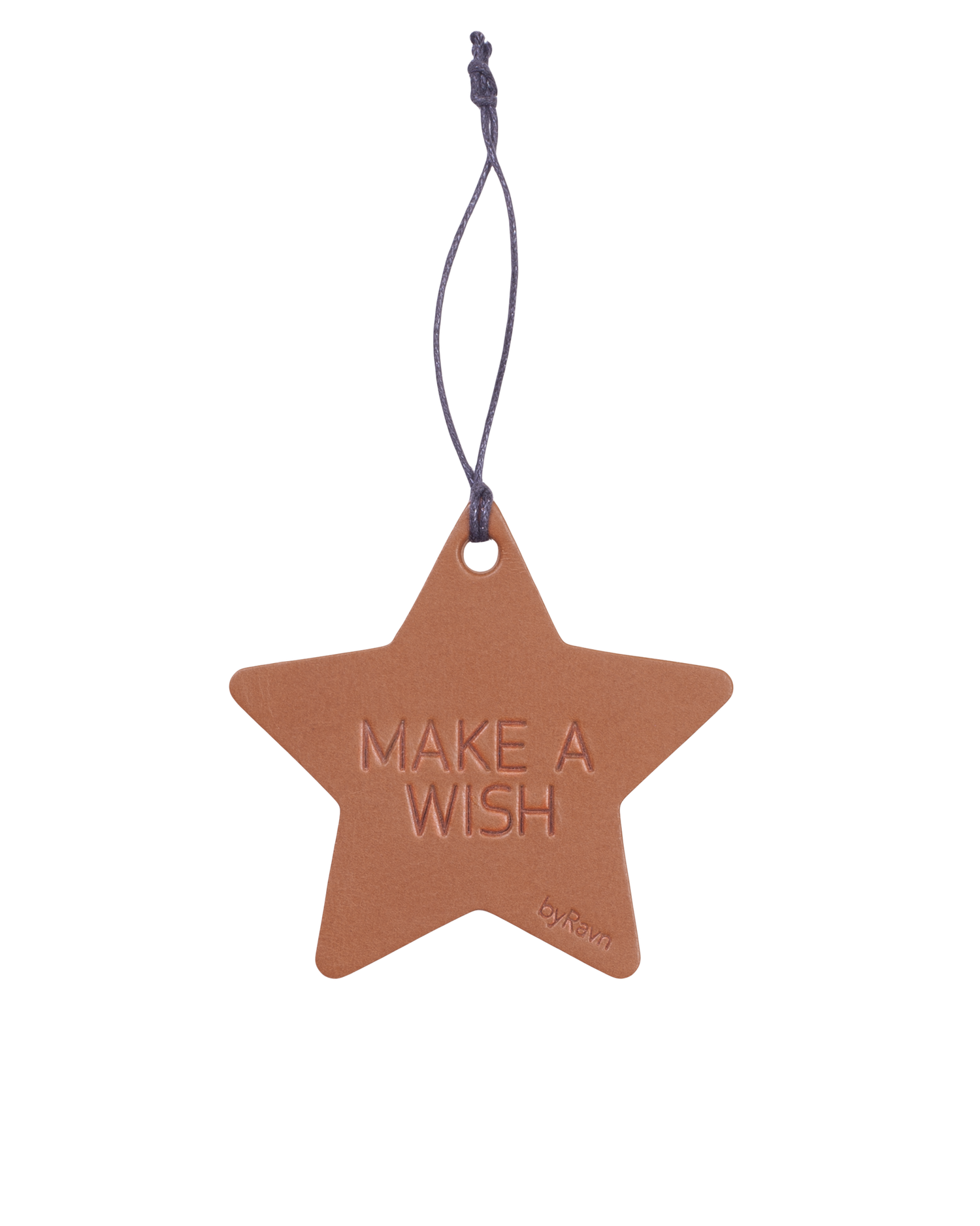 NORTH julestjerne fra byRavn i cognac skinn med graveringen "Make a wish" og oppheng i svart snor