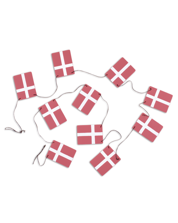 SALUT flaggrekke fra byRavn med små Dannebrog-flagg i rødt skinn på svart snor til bursdag og jul