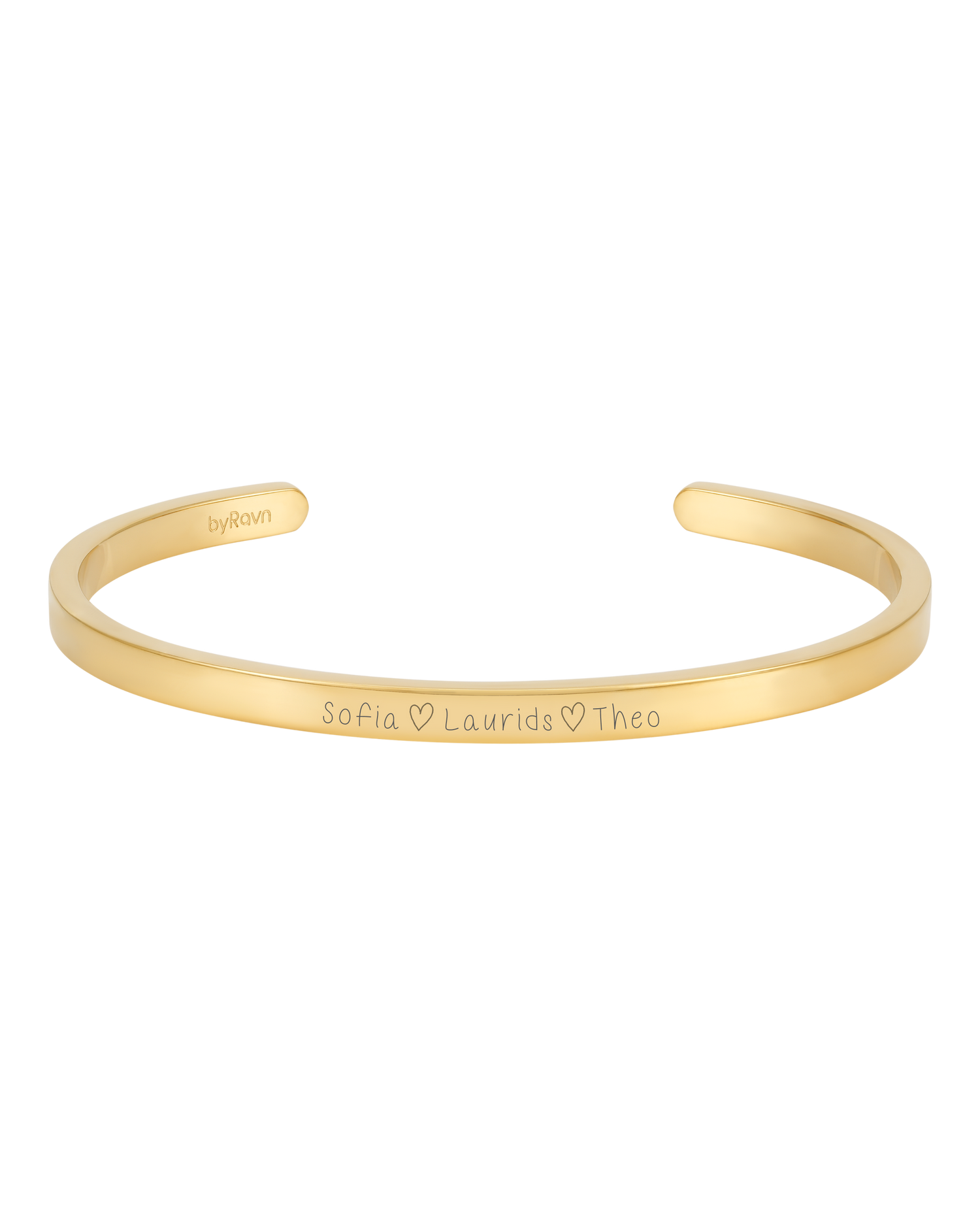 VENUS SCRIPT armbånd fra byRavn i gullbelagt stål med håndskrevet gravering "Sofia ♡ Laurids ♡ Theo"