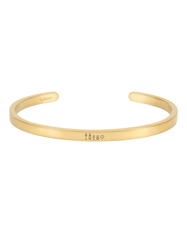 VENUS STICK armbånd fra byRavn i gullbelagt stål, åpen armring gravert med fyrstikkfamilie og hjerte